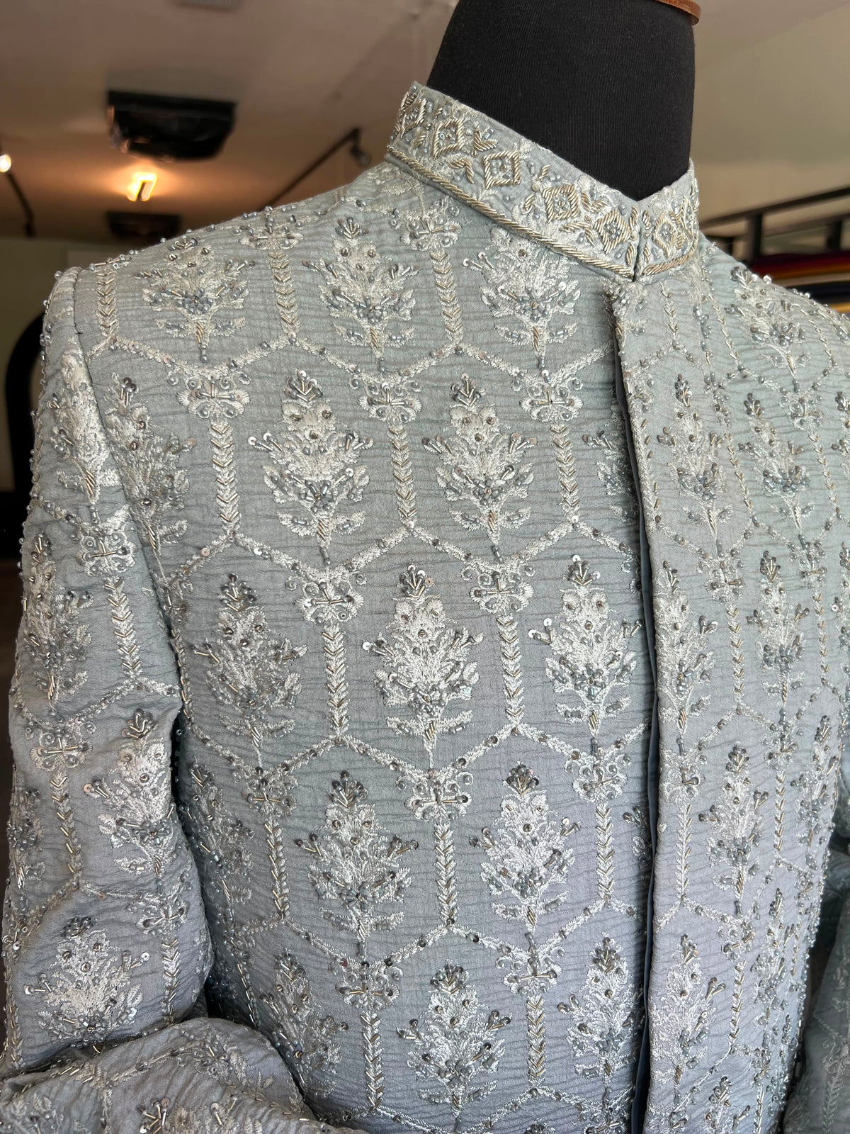 Self Embroidered Ice Blue Sherwani with hand work