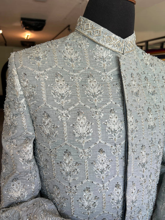 Self Embroidered Ice Blue Sherwani with hand work