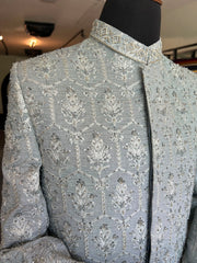 Self Embroidered Ice Blue Sherwani with hand work