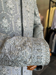 Self Embroidered Ice Blue Sherwani with hand work