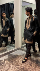 Black Linen Kurta with Gold Embroidered