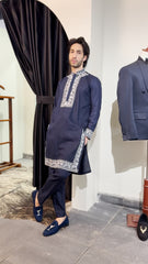 Royal Blue Linen Kurta with Silver Embroidered